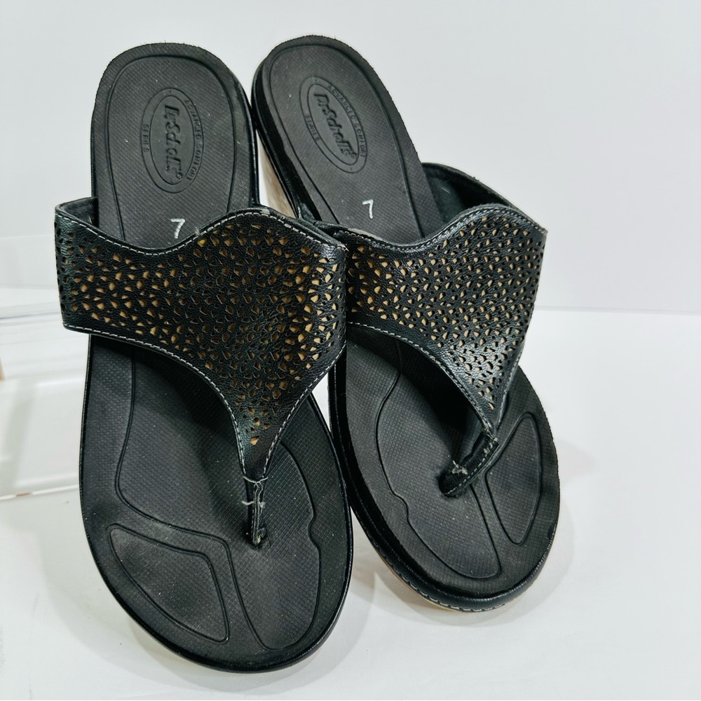 DR SCHOLLS CORK WEDGE BLACK LARGE STRAP SANDALS WOMENS SIZE 7 GREAT CONDITION - Picture 9 of 10
